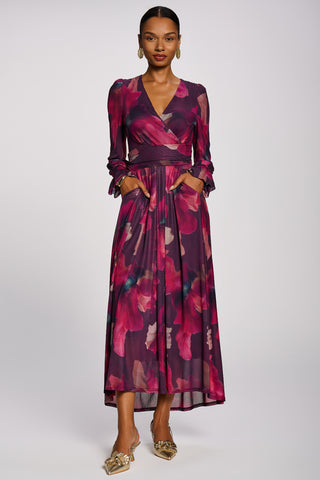 Long Sleeve V Neck Mesh Maxi Dress, Burgundy Floral