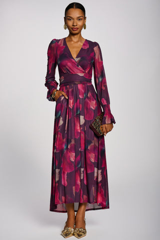Long Sleeve V Neck Mesh Maxi Dress, Burgundy Floral