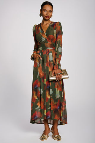 Long Sleeve V Neck Mesh Maxi Dress, Green Floral