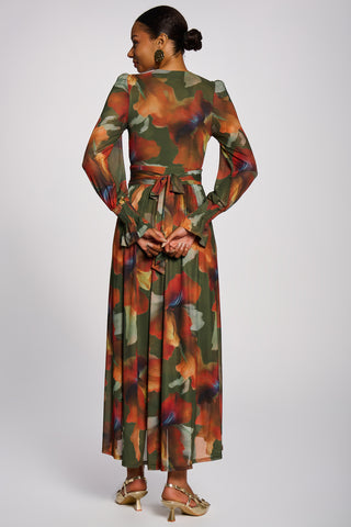 Long Sleeve V Neck Mesh Maxi Dress, Green Floral