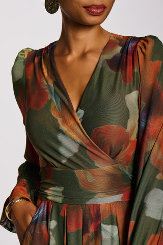 Long Sleeve V Neck Mesh Maxi Dress, Green Floral