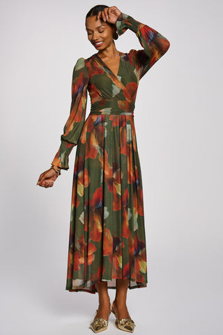 Long Sleeve V Neck Mesh Maxi Dress, Green Floral
