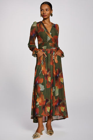 Long Sleeve V Neck Mesh Maxi Dress, Green Floral