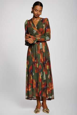 Long Sleeve V Neck Mesh Maxi Dress, Green Floral