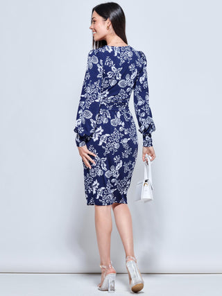 Long Sleeve Jersey Pegged Dress, Navy Floral