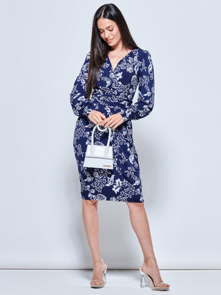 Long Sleeve Jersey Pegged Dress, Navy Floral