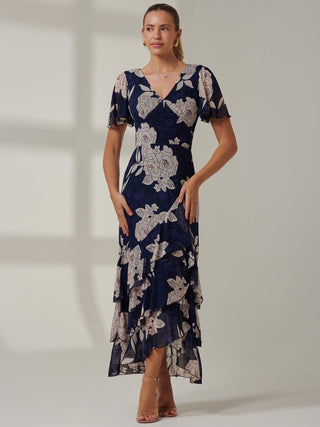 Floral Printed Tiered Maxi Dress, Navy Floral