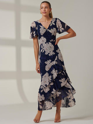 Floral Printed Tiered Maxi Dress, Navy Floral