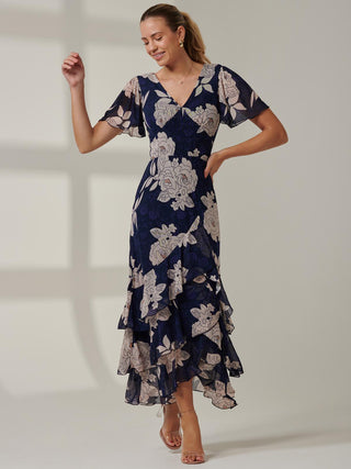 Floral Printed Tiered Maxi Dress, Navy Floral