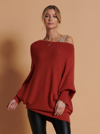 Made in Italy Asymmetric Draped Knit Jumper, Brick Red