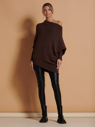 Made in Italy Asymmetric Draped Knit Jumper, Chocolate