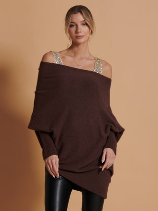Made in Italy Asymmetric Draped Knit Jumper, Chocolate