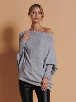 Made in Italy Asymmetric Draped Knit Jumper, Grey Heather