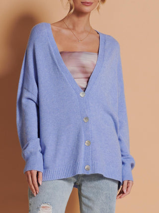 Made in Italy Soft Knit Shell Button Cardigan in Grapemist Blue, Detail Image