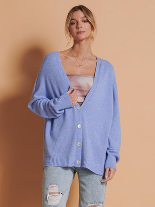 Made in Italy Soft Knit Shell Button Cardigan in Grapemist Blue, Front Image 2