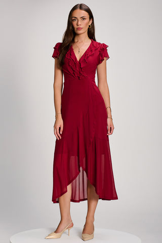 Ruffled Mesh Maxi Dress, Burgundy