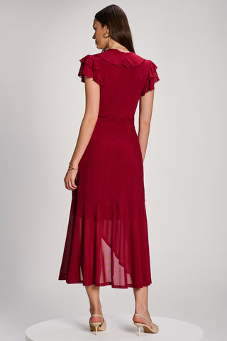 Ruffled Mesh Maxi Dress, Burgundy
