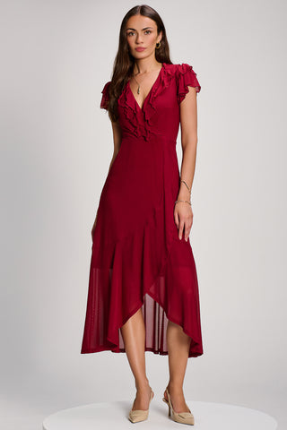 Ruffled Mesh Maxi Dress, Burgundy