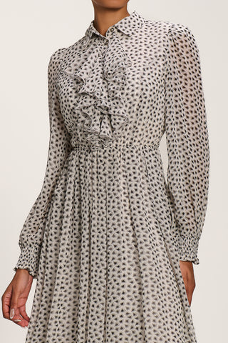 Chiffon Ruffle Long Sleeve Shirt Dress, White Geo