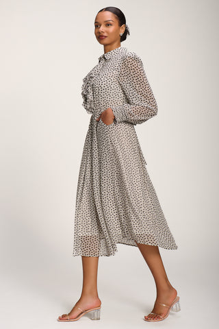 Chiffon Ruffle Long Sleeve Shirt Dress, White Geo