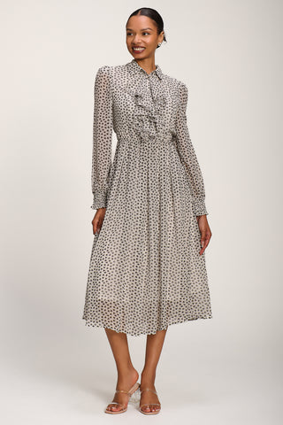 Chiffon Ruffle Long Sleeve Shirt Dress, White Geo