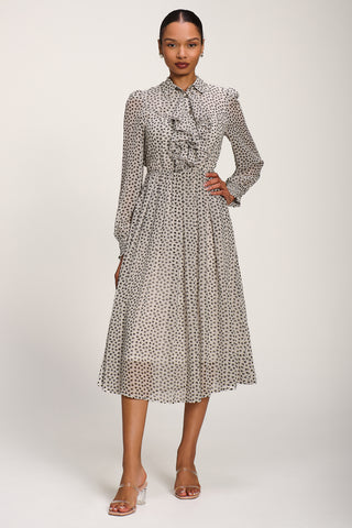 Chiffon Ruffle Long Sleeve Shirt Dress, White Geo