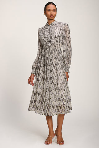 Chiffon Ruffle Long Sleeve Shirt Dress, White Geo