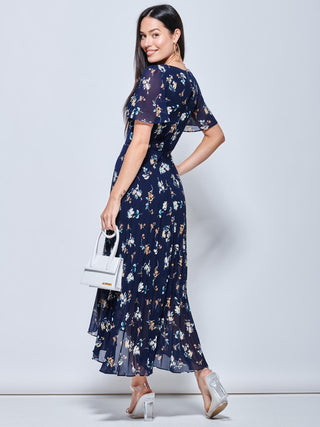 Pleated Chiffon High Low Maxi Dress, Navy Floral