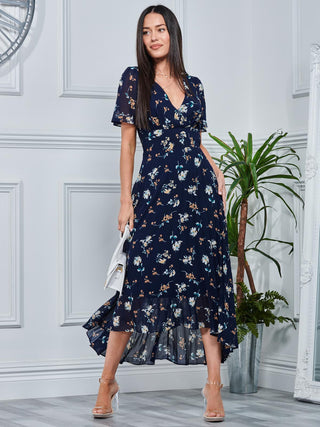 Pleated Chiffon High Low Maxi Dress, Navy Floral
