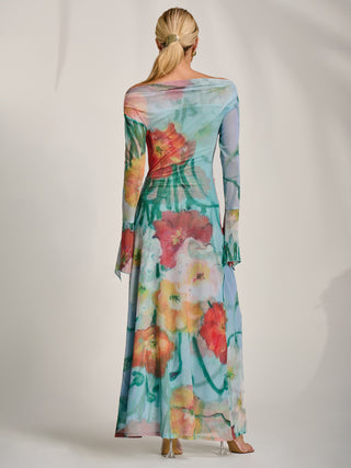 Long Sleeve Slash Neck Mesh Maxi Dress, Blue Floral