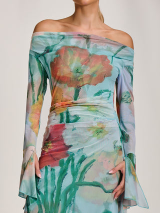 Long Sleeve Slash Neck Mesh Maxi Dress, Blue Floral