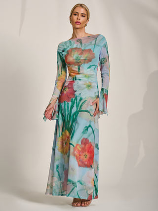 Long Sleeve Slash Neck Mesh Maxi Dress, Blue Floral