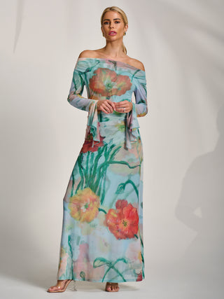 Long Sleeve Slash Neck Mesh Maxi Dress, Blue Floral
