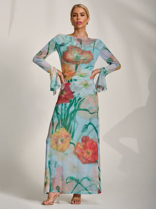 Long Sleeve Slash Neck Mesh Maxi Dress, Blue Floral