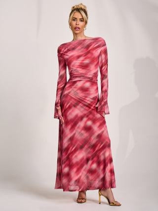 Long Sleeve Slash Neck Mesh Maxi Dress, Pink Abstract