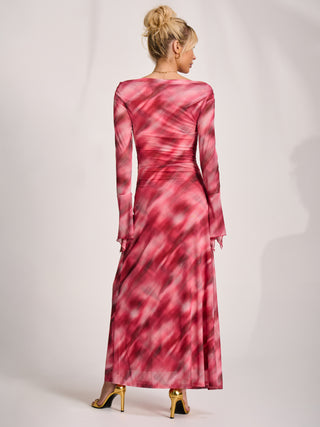 Long Sleeve Slash Neck Mesh Maxi Dress, Pink Abstract