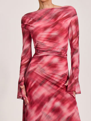 Long Sleeve Slash Neck Mesh Maxi Dress, Pink Abstract