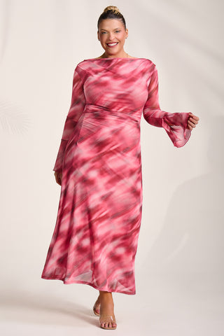 Long Sleeve Slash Neck Mesh Maxi Dress, Pink Abstract