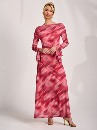 Long Sleeve Slash Neck Mesh Maxi Dress, Pink Abstract
