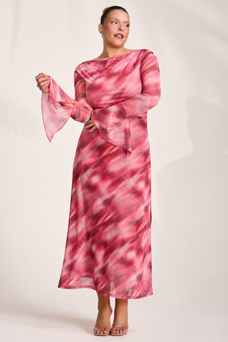Long Sleeve Slash Neck Mesh Maxi Dress, Pink Abstract