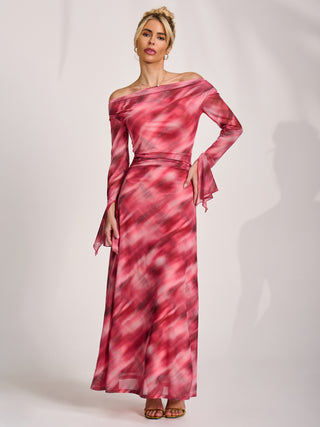 Long Sleeve Slash Neck Mesh Maxi Dress, Pink Abstract