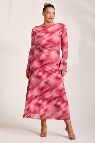 Long Sleeve Slash Neck Mesh Maxi Dress, Pink Abstract