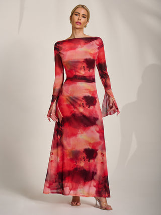 Long Sleeve Slash Neck Mesh Maxi Dress, Red Abstract