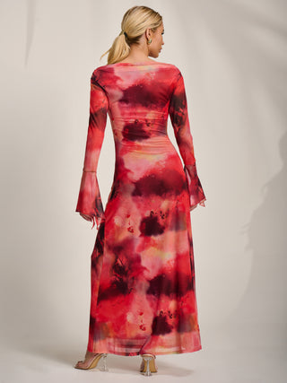 Long Sleeve Slash Neck Mesh Maxi Dress, Red Abstract