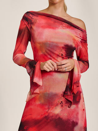 Long Sleeve Slash Neck Mesh Maxi Dress, Red Abstract