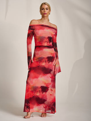 Long Sleeve Slash Neck Mesh Maxi Dress, Red Abstract