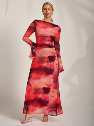 Long Sleeve Slash Neck Mesh Maxi Dress, Red Abstract