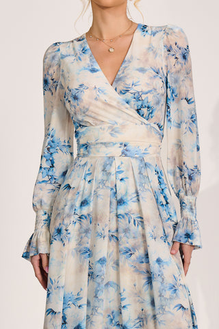 Long Sleeve V Neck Mesh Maxi Dress, Cream Floral