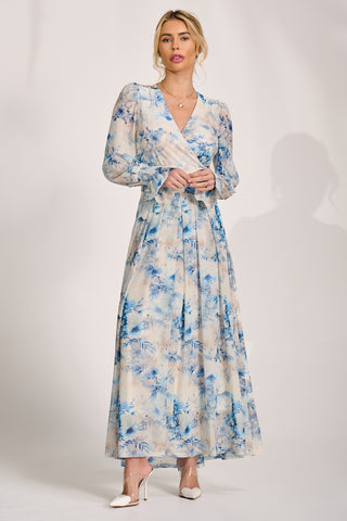 Long Sleeve V Neck Mesh Maxi Dress, Cream Floral