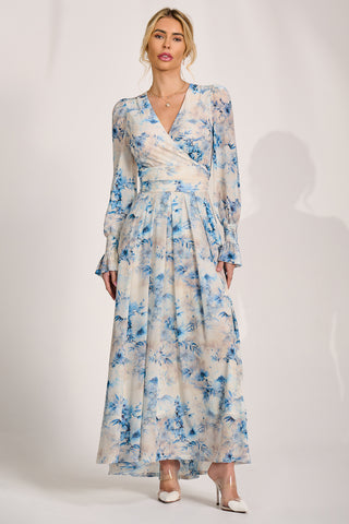 Long Sleeve V Neck Mesh Maxi Dress, Cream Floral
